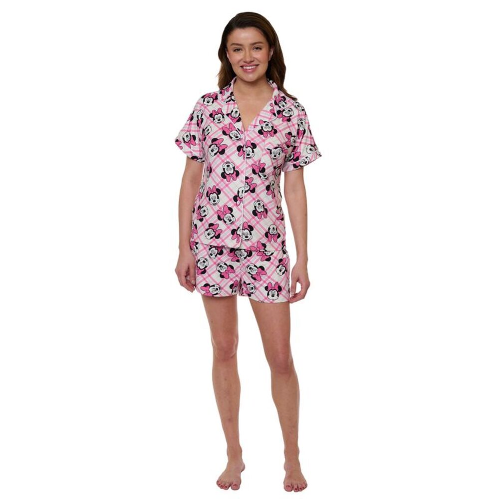 Women's Disney Minnie Mouse 2-Piece Pajama Set Button Shirt Shorts (Size Large)
